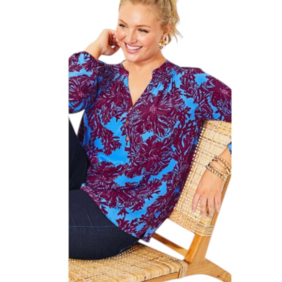 NWT Lilly Pulitzer Elsa Silk Top Abaco Blue Feel Like a Shellebrity Size XL - Picture 4 of 8